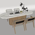 Modern Minimalist Oval White Dining Table With Wooden Woven Chairs Magazine Green Plant And Fruits