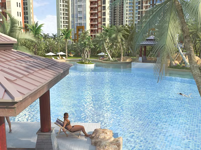 Garden Landscape with Tall Buildings Palm Trees Swimming Pool Pavilion and Relaxation Area 3d model