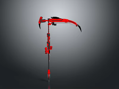 Red Mechanical Scythe Weapon With Metal Structure And Black Blades Design 3d model