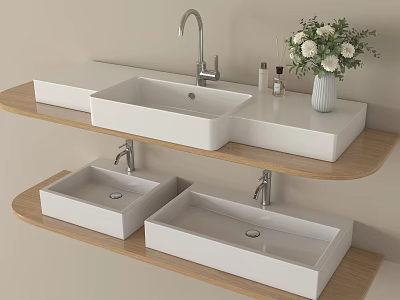 Double Layered Bathroom Washbasins With Wooden Shelves White Countertops Faucets Vase And Toiletries 3d model