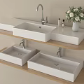 Double Layered Bathroom Washbasins With Wooden Shelves White Countertops Faucets Vase And Toiletries