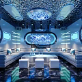 Modern Tech Style KTV Lobby With Blue Lighting Circular Screens Marble Floor Sofa Bar Counter