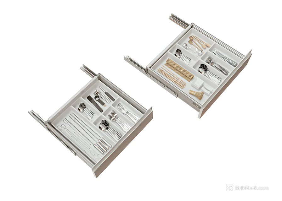 Kitchen Cutlery Set With Double Metal Drawer Trays And Divided Compartments 3d model 