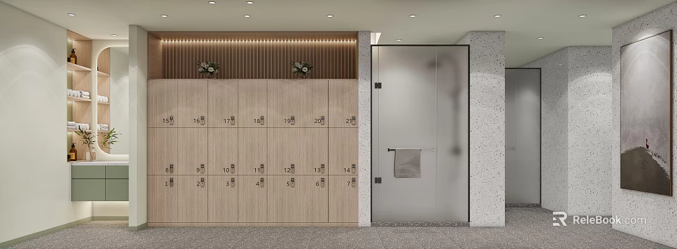 Contemporary Locker Room Interior With Numbered Wooden Lockers Glass Door Towel And Gray Wall 3d model 