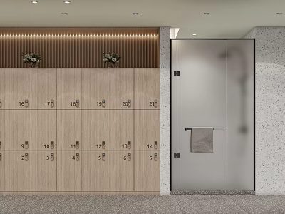 Contemporary Locker Room Interior With Numbered Wooden Lockers Glass Door Towel And Gray Wall 3d model