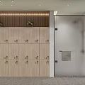 Contemporary Locker Room Interior With Numbered Wooden Lockers Glass Door Towel And Gray Wall