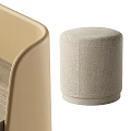 Modern Minimalist Dressing Table With Round Mirror And Beige Upholstered Ottoman