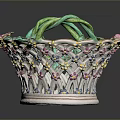 Decorative Porcelain Basket With Green Handles Openwork Pattern And Floral Accents