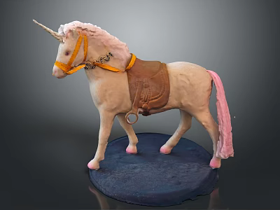 White Unicorn Model With Pink Tail Yellow Bridle And Brown Saddle On Blue Base 3d model