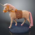 White Unicorn Model With Pink Tail Yellow Bridle And Brown Saddle On Blue Base