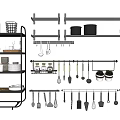 Organized Kitchen Cookware Display On Wall Shelves With Utensils Pots Dishes And Plants