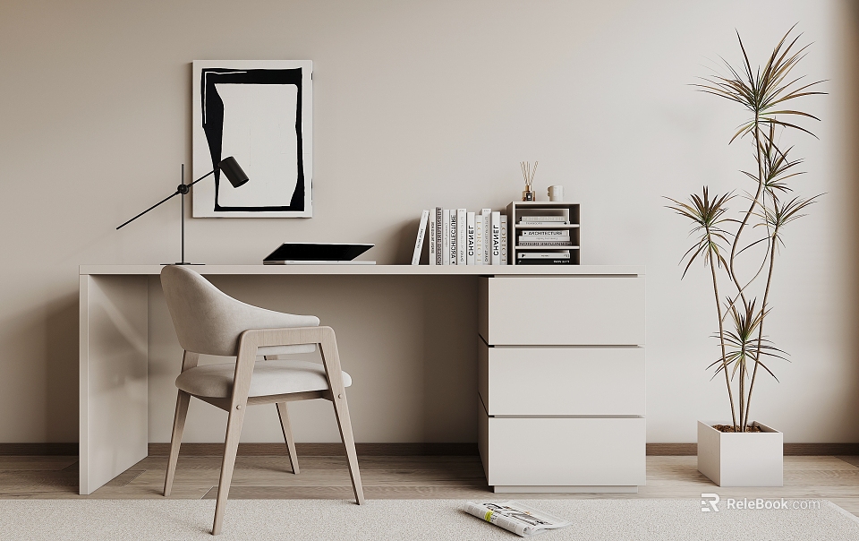 White Desk Interior With Chair Lamp Books Abstract Painting And Potted Plant 3d model 