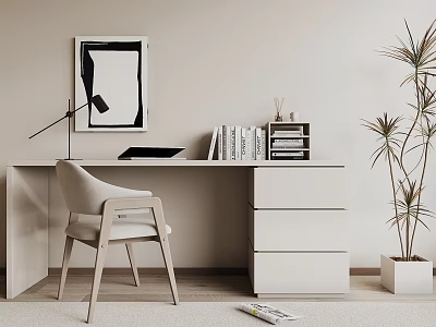 White Desk Interior With Chair Lamp Books Abstract Painting And Potted Plant 3d model