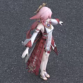 Game And Movie Character With Pink Hair Red And White Outfit Standing Modern Building Background