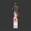 Cartoon Woman With Brown Hair Glasses Green Frog Hair Accessory Blue Overalls Colorful Striped Sleeves