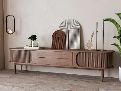 Modern Walnut TV Stand Featuring Ribbed Design Drawers and Geometric Decor with Potted Plant 3d model
