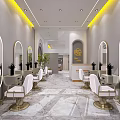 Modern Beauty Salon Interior Design With Round Decorative Wall Comfortable Sofa Green Plants And Mirrors