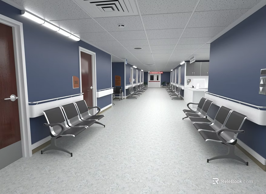 Spacious Hospital Corridor With Blue Walls Seats And Ceiling Lights 3d model 