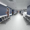 Spacious Hospital Corridor With Blue Walls Seats And Ceiling Lights