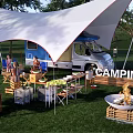 Camping Site With Camper Van White Canopy Green Grass And Outdoor Relaxing Area
