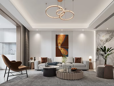 Modern Living Room Interior Design With Circular Pendant Lights Beige Sofa And Round Coffee Tables 3d model