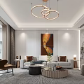 Modern Living Room Interior Design With Circular Pendant Lights Beige Sofa And Round Coffee Tables