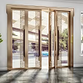 Modern Double Entry Doors Featuring Brass Frame Glass Panels And Potted Plants In Interior