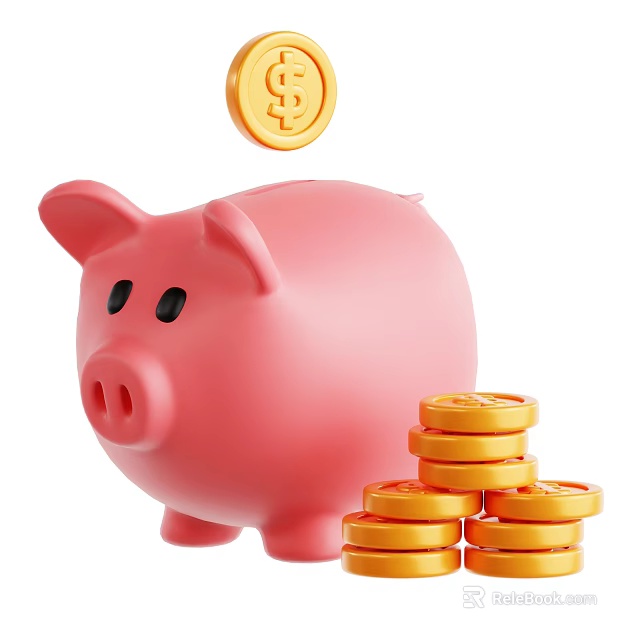 Pink Piggy Bank Decorative Ornament Set With Stacked Gold Coins And Falling Coin 3d model 