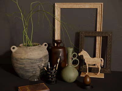 Decorative Ornament Collection With Clay Pot Wooden Horse Picture Frames And Green Plants 3d model