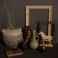 Decorative Ornament Collection With Clay Pot Wooden Horse Picture Frames And Green Plants