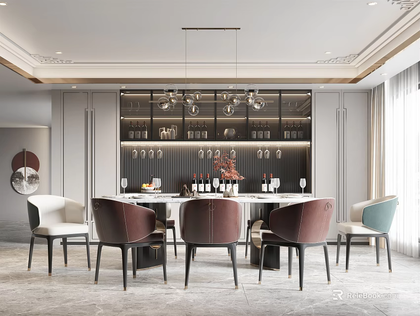 Elegant Modern Restaurant Interior With Round Dining Table Multicolored Velvet Chairs And Black Wine Cabinet 3d model 