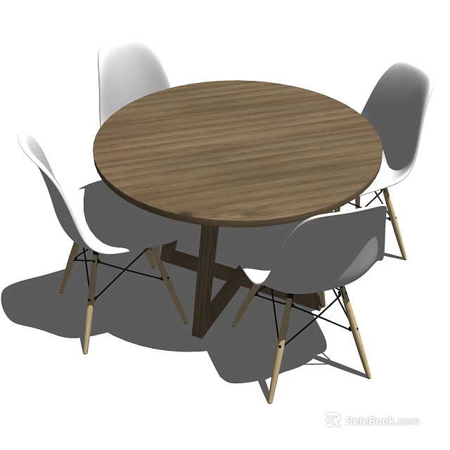 Round Wooden Dining Table Set With Four White Chairs And Wooden Legs 3d model 