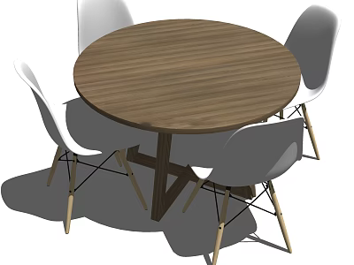 Round Wooden Dining Table Set With Four White Chairs And Wooden Legs 3d model