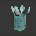 Stainless Steel Spoons In Perforated Metal Container With Blue Dots On Dark Background