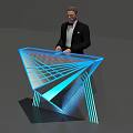 Modern Geometric Reception Desk With Blue LED Lights And Professional Receptionist