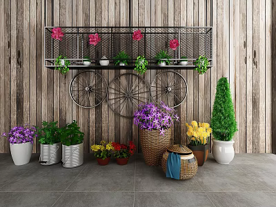 Colorful Bonsai and Potted Plants with Metal Shelf and Bicycle Wheel Decor on Wooden Wall 3d model