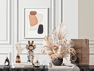 Decorative Ornament Combination With Abstract Wall Art Dried Floral Bouquet Rabbit Figurine And Tabletop Decor 3d model