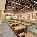 Traditional Beef Soup Restaurant Interior With Wooden Counter And Red Posters