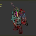 Detailed Fantasy Game Warrior Character in Heavy Armor with Red Cape Holding Axe and Hammer