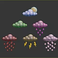 Weather Icons Displaying Clouds Sun Rain Drops Lightning Bolts And Snowflakes