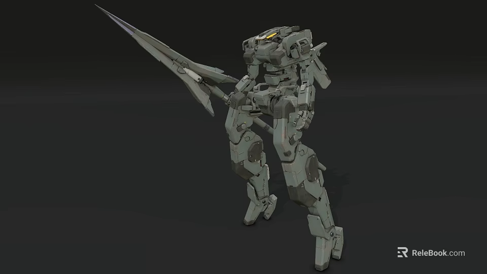 Gray Camouflage Mech Warrior Standing With Long Spear Weapon Design Art 3d model 