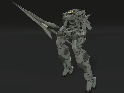 Gray Camouflage Mech Warrior Standing With Long Spear Weapon Design Art 3d model