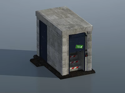 Concrete Structure Entrance Gate With Roll Up Door Press Sign And Warning Stripes 3d model