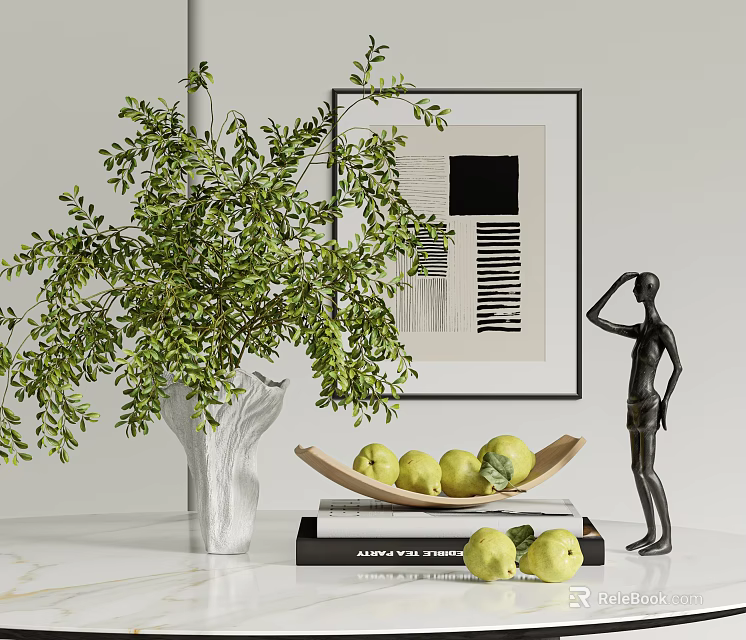 Decorative Ornament Set With Green Plant White Vase Black Sculpture And Yellow Fruits On Books 3d model 