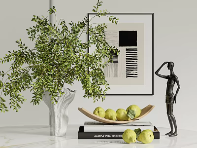 Decorative Ornament Set With Green Plant White Vase Black Sculpture And Yellow Fruits On Books 3d model