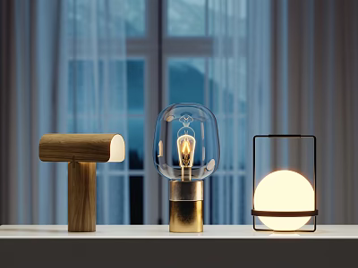 Modern Table Lamps Design With Wooden Base Glass Shade And Metal Frame 3d model
