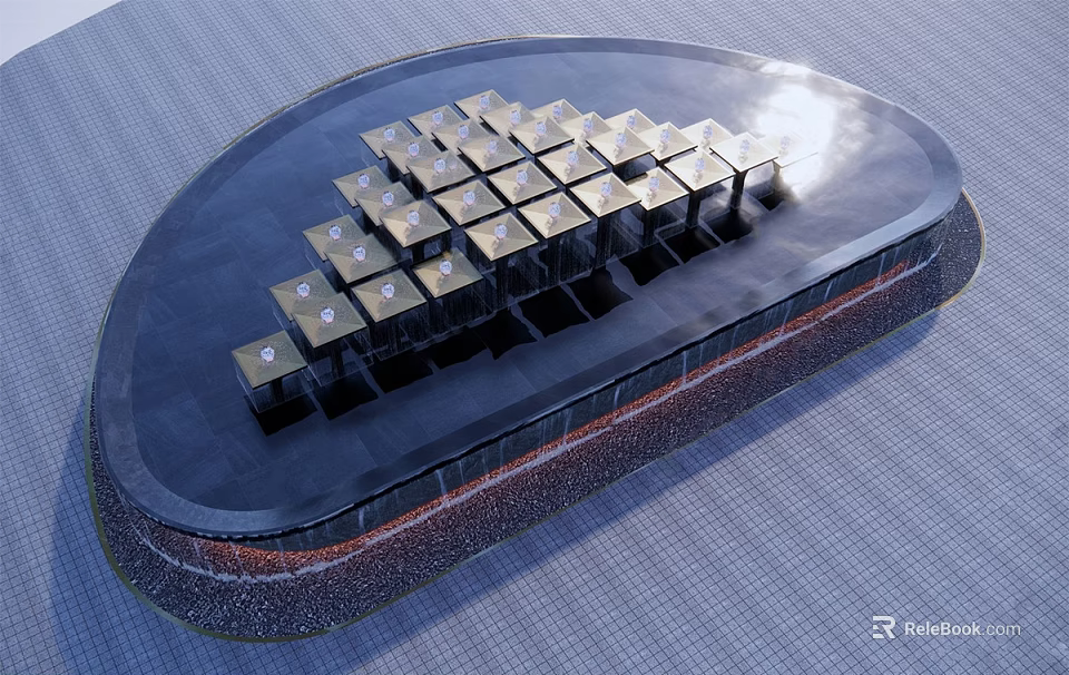 Modern Geometric Water Fountain Design With Square Structures And Illuminated Features 3d model 