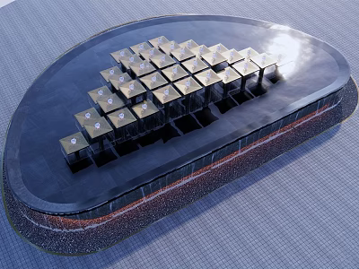 Modern Geometric Water Fountain Design With Square Structures And Illuminated Features 3d model