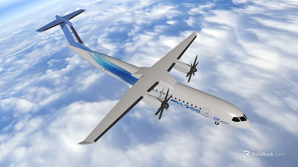 Passenger Airplane with Blue and White Livery Twin Propeller Engines Flying Through Cloudy Sky 3d model 