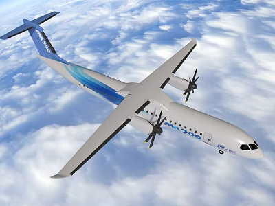 Passenger Airplane with Blue and White Livery Twin Propeller Engines Flying Through Cloudy Sky 3d model